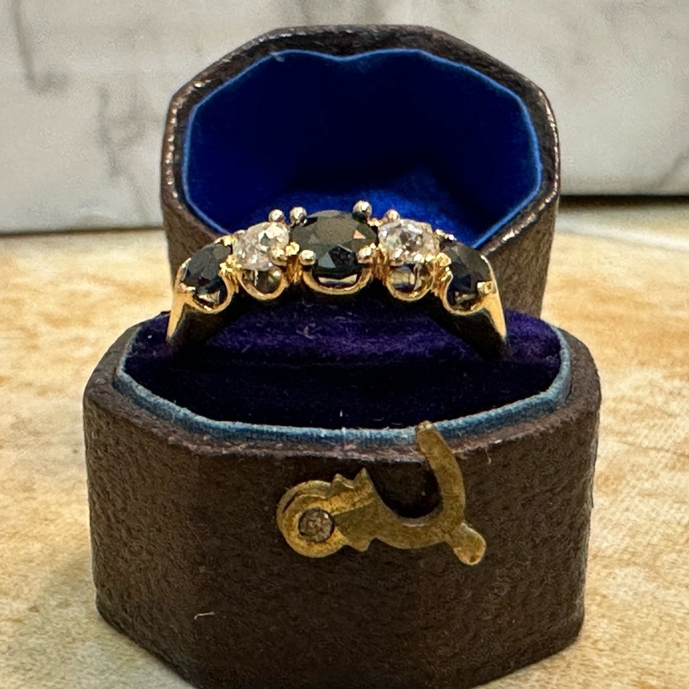 Antique 18K Gold Sapphire & Old Mine Diamond Victorian 5-Stone Ring Size 5.5 - Picture 6 of 15
